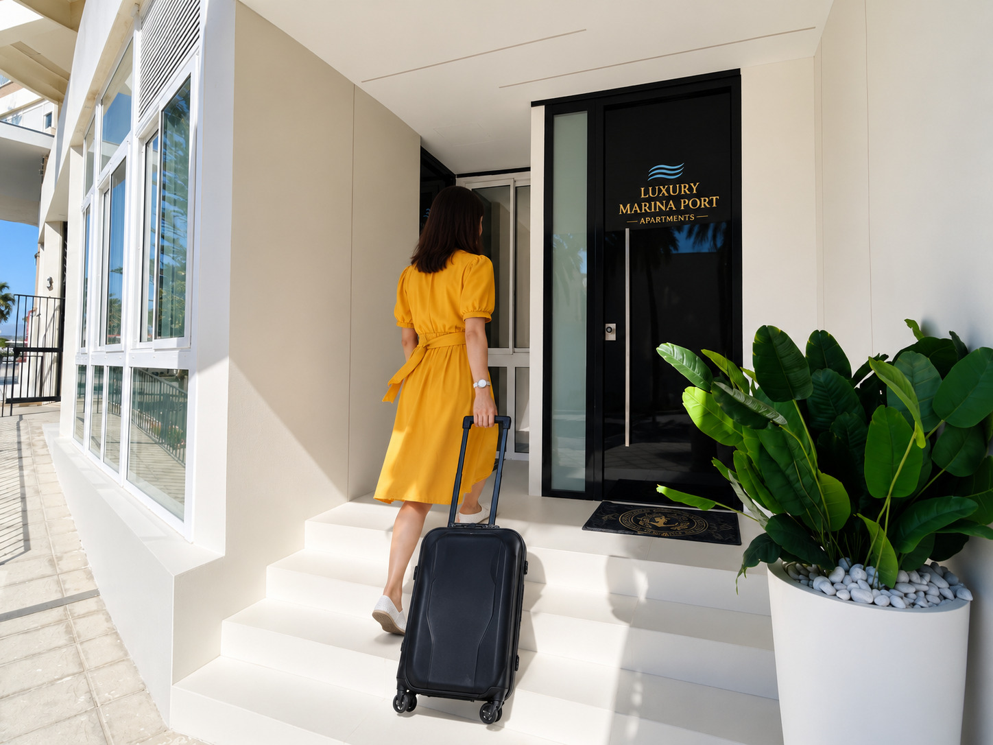 Huésped llegando con su maleta a un apartamento turístico en Málaga
